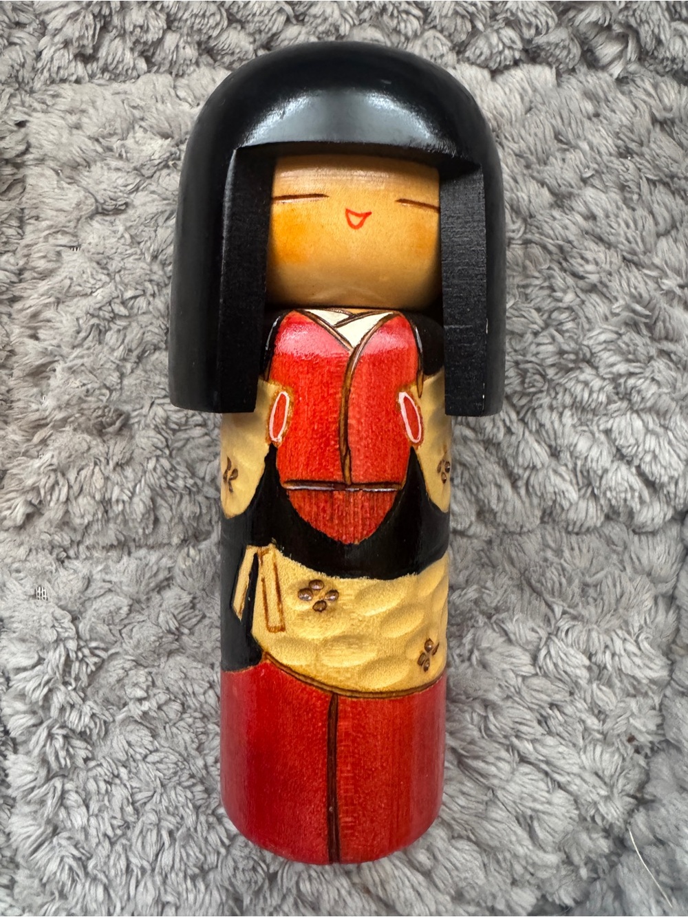 Vintage Japanese Sōsaku Kokeshi Doll Signed Hand Painted Wood 5.5” Red Kimono